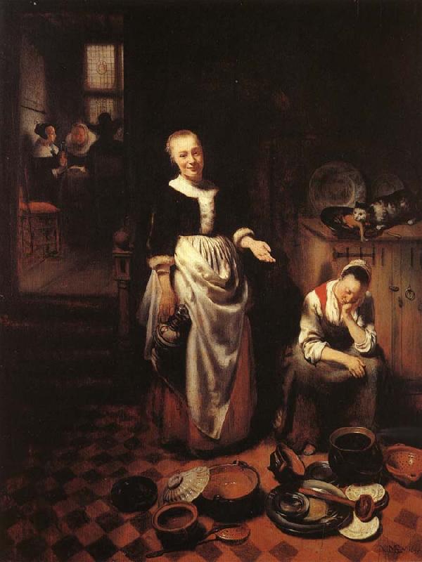 MAES, Nicolaes Interior with a Sleeping Maid and Her Mistress France oil painting art